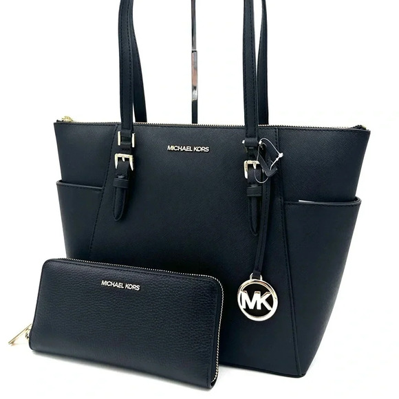 Michael Kors Large Charlotte Tote Bag & Large Continental Wallet Wristlet Black - Picture 1 of 14